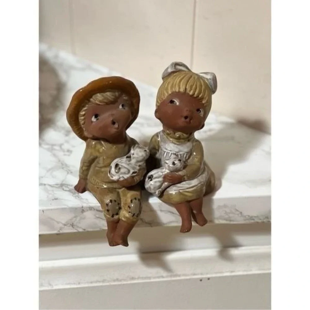 Vintage Handmade Ceramic Seated Boy & Girl with Cats 6